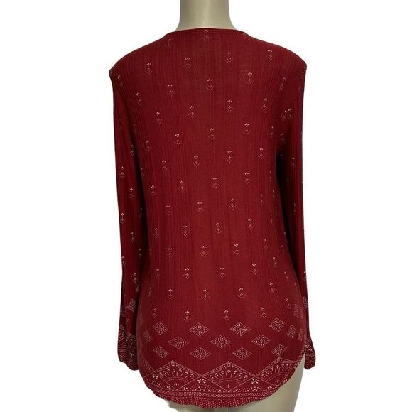 Lucky Brand Brick Red Top Women’s Large Long Sleeve Boho Blouse Tassel Popover - Picture 5 of 14